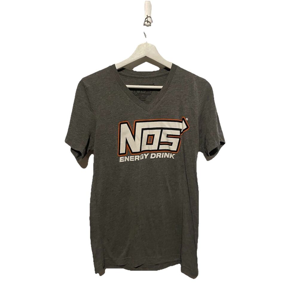NOS Energy Drink Gray V Neck Shirt Size SmalLogo Spell Out Graphic Nascar Kyle B